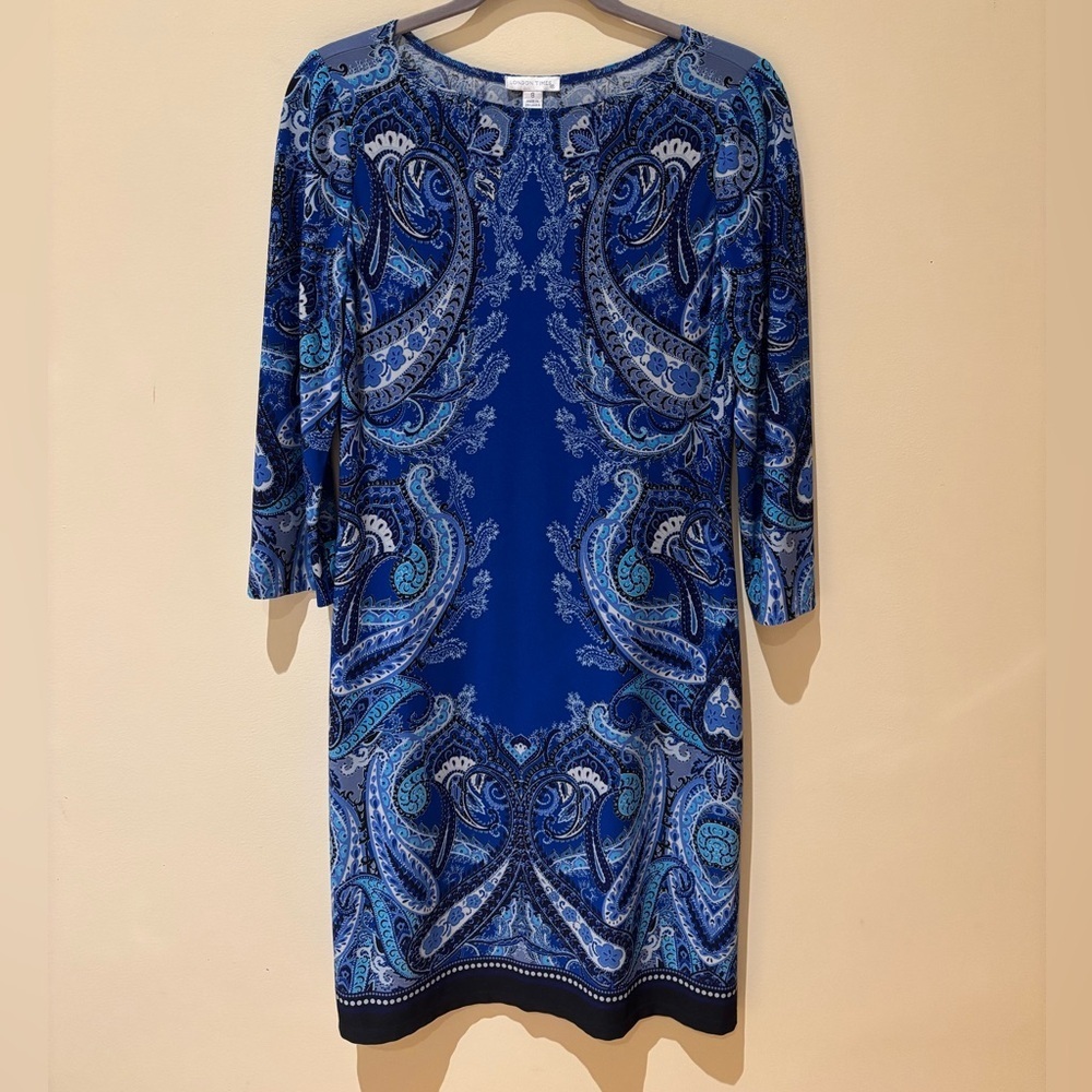 London Times Vibrant Blue Paisley Long Sleeve Dress